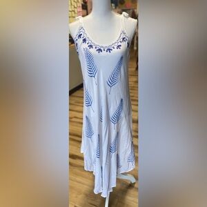 White Maxi Dress with Blue Leaf Print